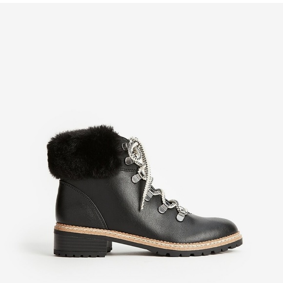 Express Shoes - Black Lace Up Hiker Combat Booties With Faux Fur - Express